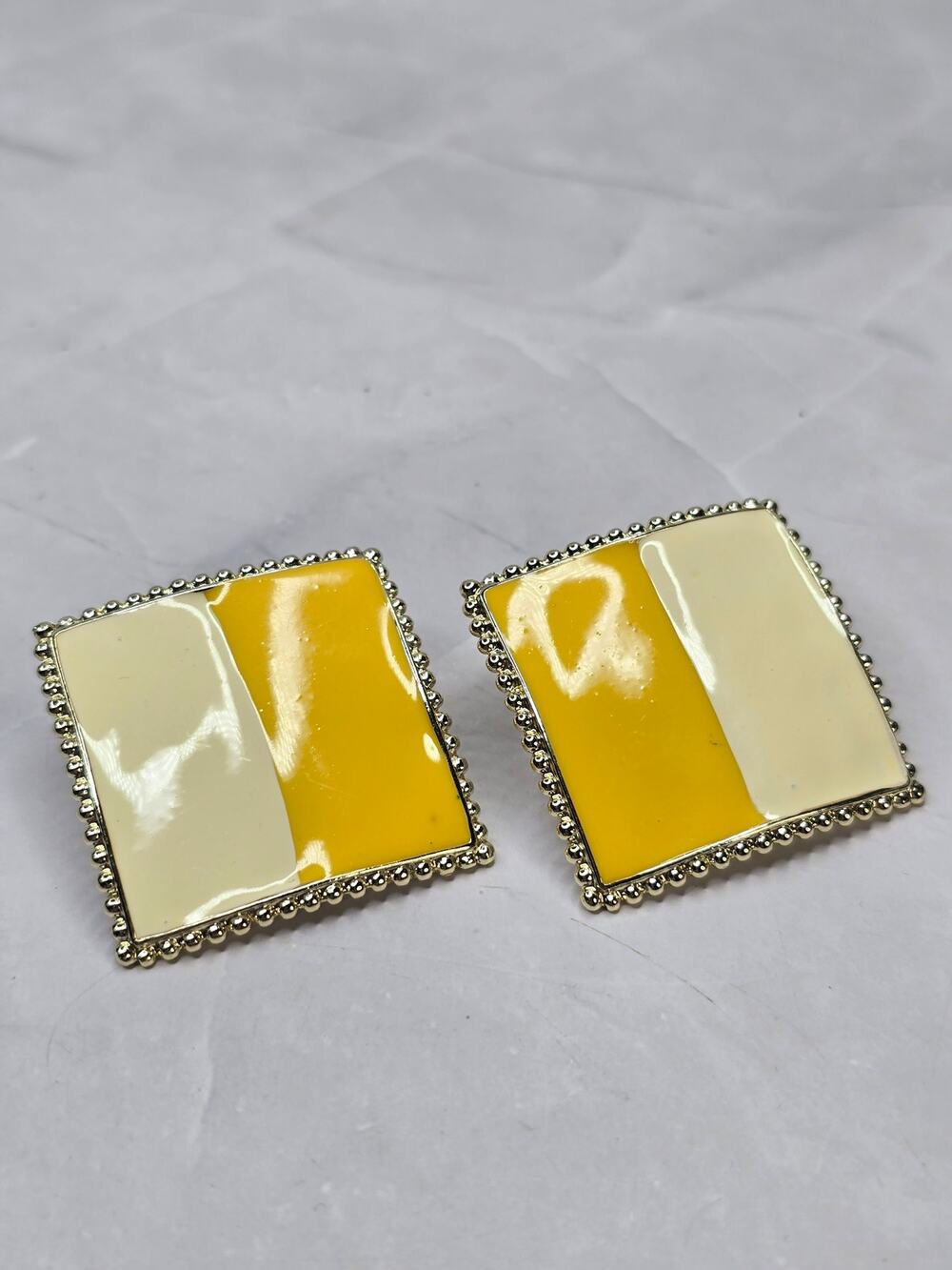 Vintage Don Lin Enameled Square Earrings Yellow Cream
